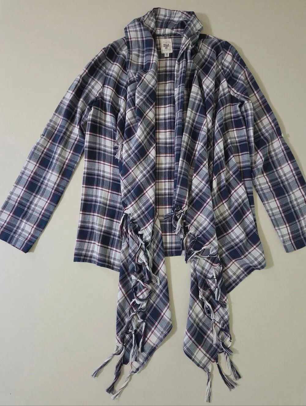Billabong Navy Plaid Liv It Up Cardigan Flyaway Fringe Front Top - Picture 4 of 16